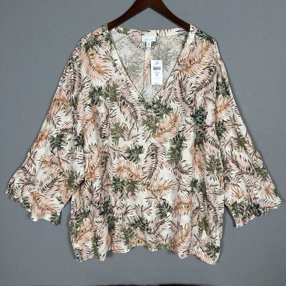 NWT J Jill LOVE LINEN Top Size 4X Flounce Sleeve V-Neck Tropical Palm Leaves NEW - Picture 3 of 16